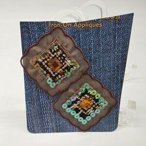 Set Of 2 Square Iron-On Appliques With Sequin & Gemstone Design 2"x2"